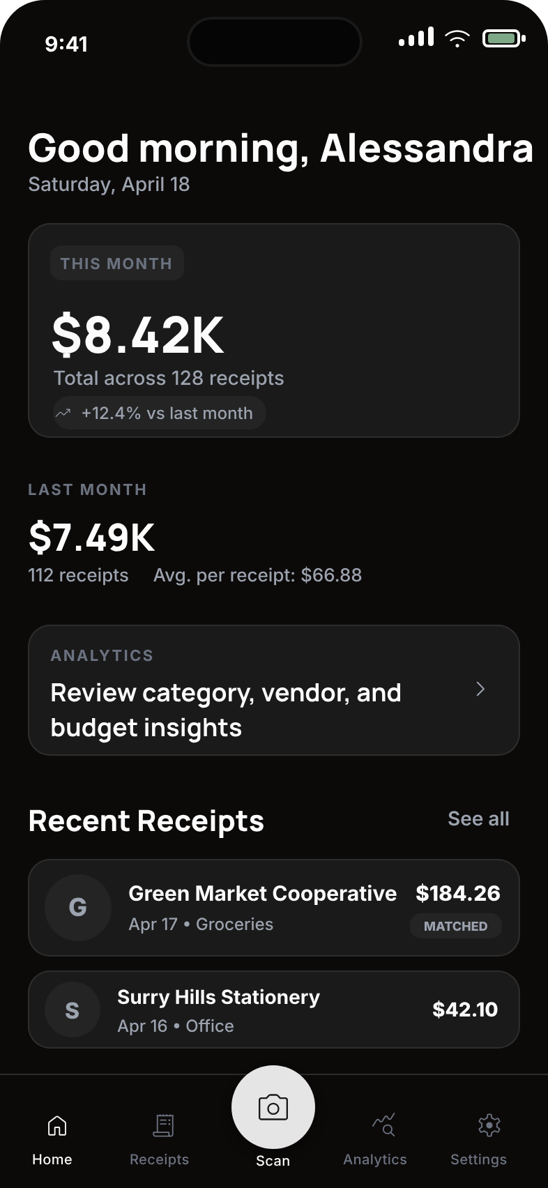 ReceiptNote app showing spending dashboard